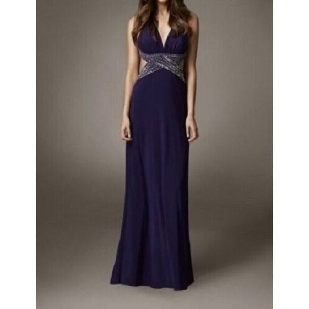 Betsy & Adam Purple Metallic Halter Formal Evening Dress Gown Women's Size 0